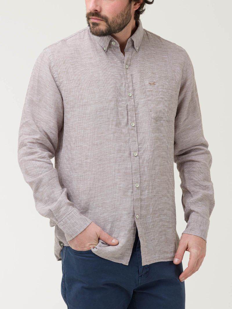 Camisa-Manga-Larga-Lino-Organico-Para-Hombre-Linentex-Cafe-Rockford